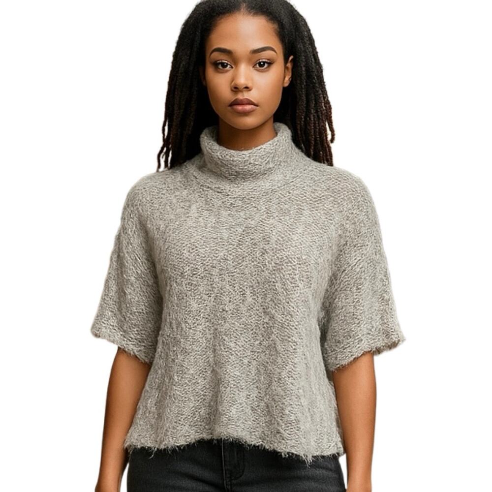 Stradivarius Gray Dolman Half Sleeve Fuzzy Eyelash Knit Zip Sweater Top Size S